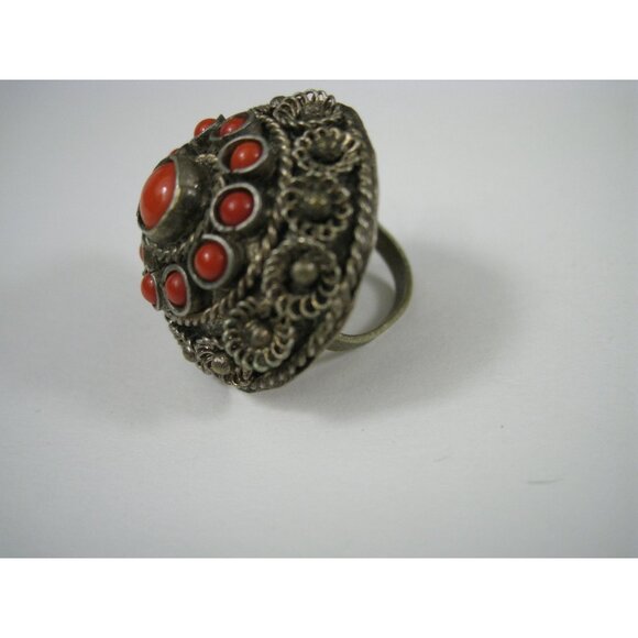 Vintage Silver Tone Ring Floral Glass Adjustable Fit Artisan Statement Size 6 - Picture 5 of 9